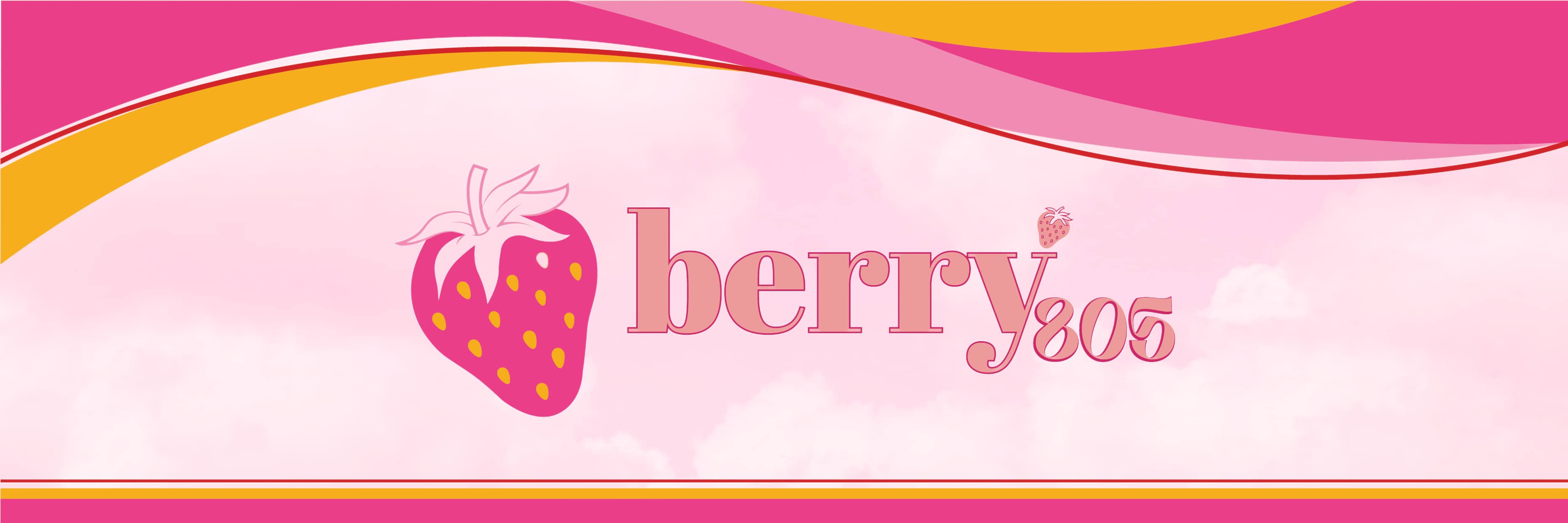 abstract design with colors pink, gold, light pink and pink strawberry with yellow seeds and berry805 text.