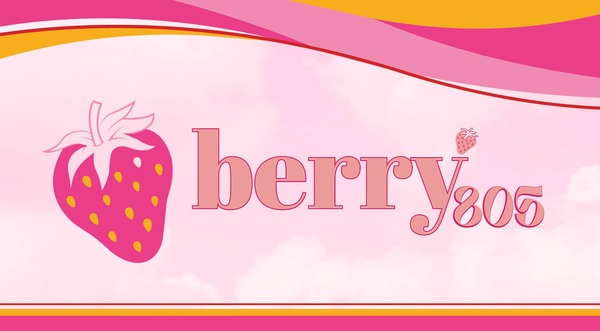 abstract design with colors pink, gold, light pink and pink strawberry with yellow seeds and berry805 text.