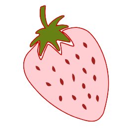 logo of pink strawberry with red seeds and green leaves.